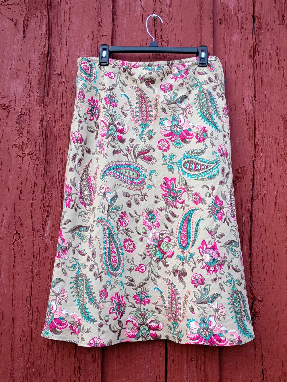 Women's Paisley Floral Cream A-Line Flared Skirt Fully Lined Linen Sz 14